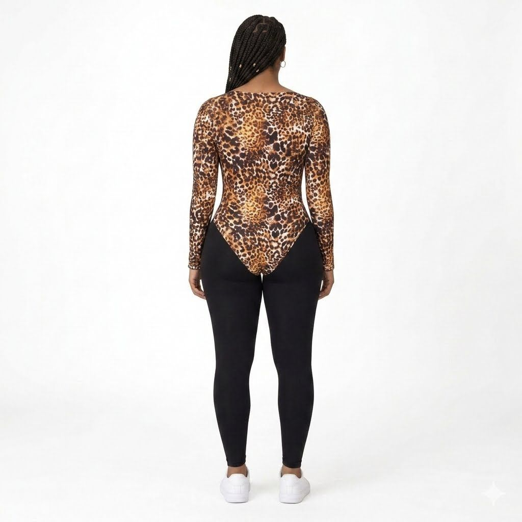 Leopard Print Bodysuit Long Sleeve Fitted Top